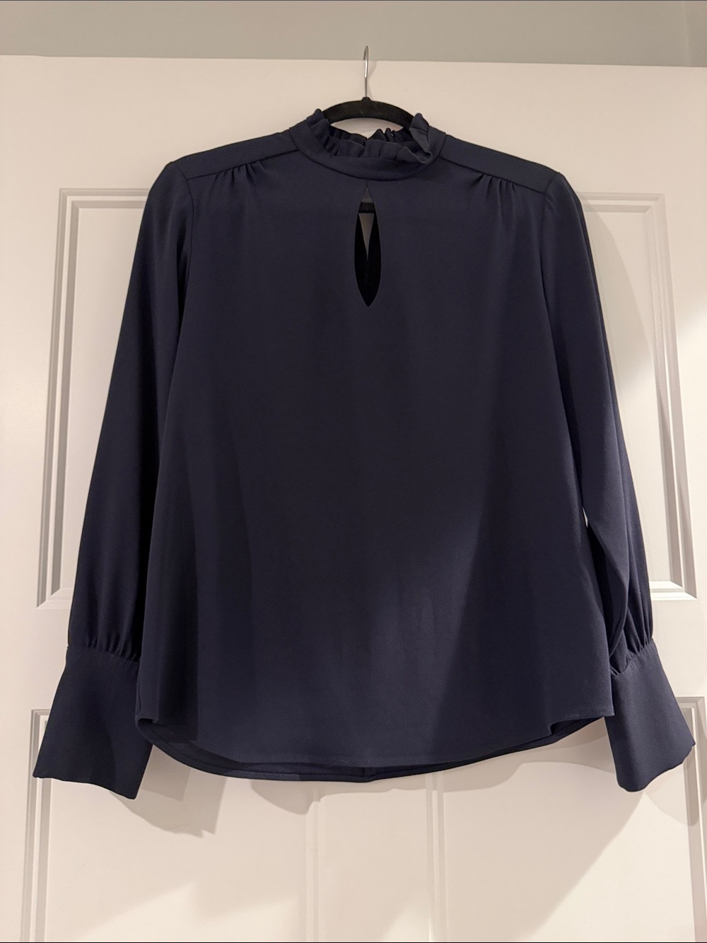 DREW Navy Ruffle Mock Neck Keyhole Blouse
